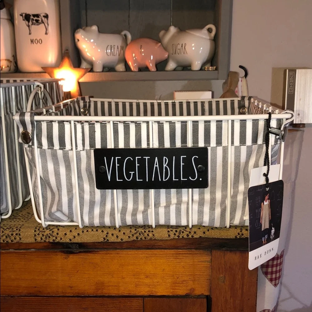 Rae Dunn FRUITS & VEGETABLES Metal/Wire Baskets Set/2 with Striped Linings